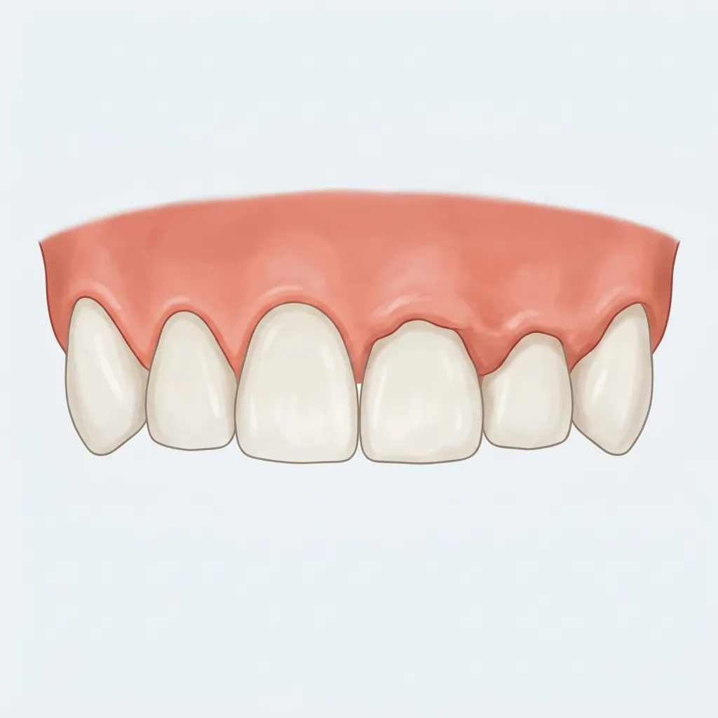 Illustration of upper front teeth that look short because excess gum tissue covers part of each crown