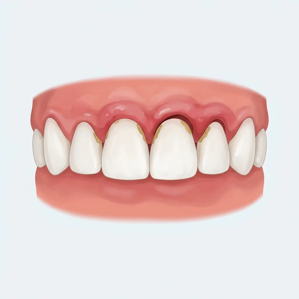 Illustration of inflamed, receded gum between two front teeth with tartar below the gum line, treated by flap surgery