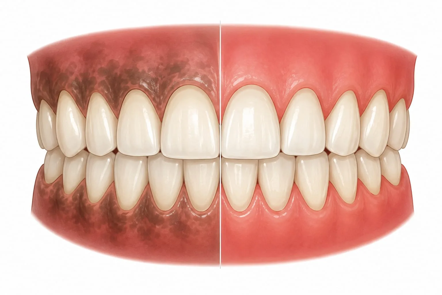 Before and after illustration of dark pigmented gums on one side and pink gums after depigmentation on the other