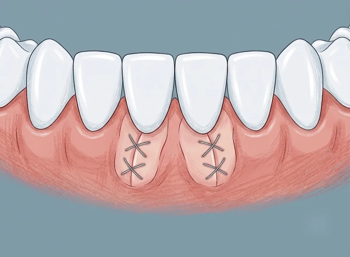 Illustration of a gum graft stitched over two lower front teeth with receding gums