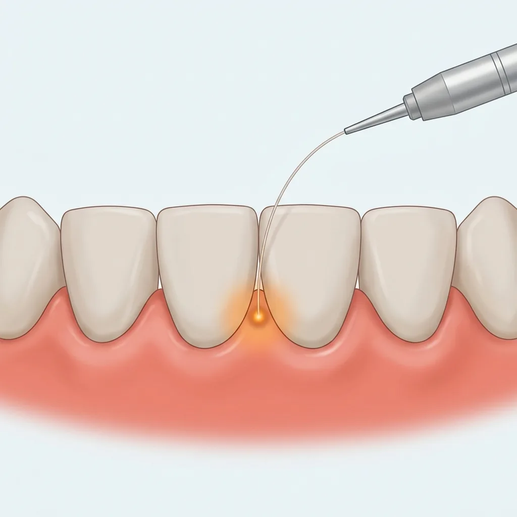 Illustration of a dental laser tip treating the gum line between two front teeth