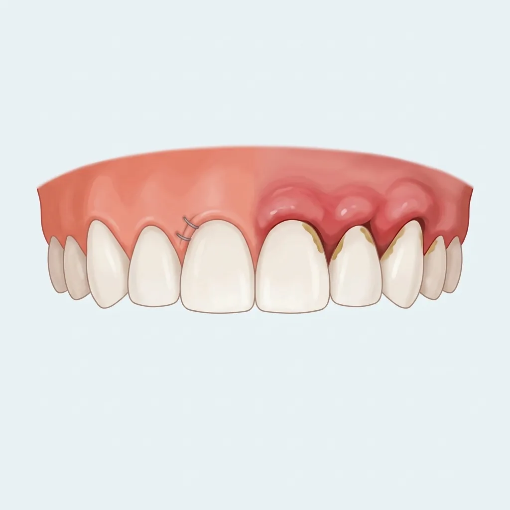Illustration of a red, swollen gum pocket between two upper front teeth before pocket reduction surgery