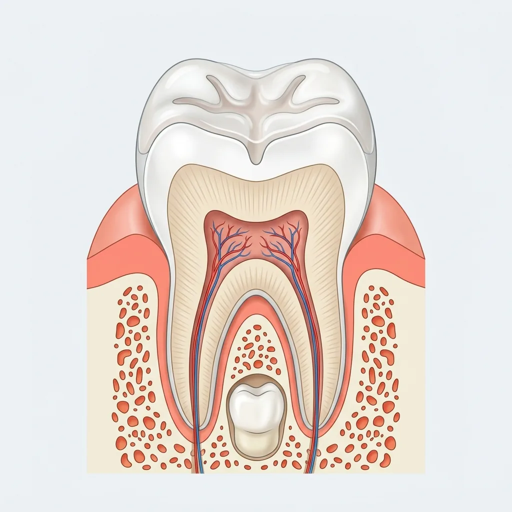 Cross-section illustration of a child molar with a protective sealant on its chewing surface and a permanent tooth below