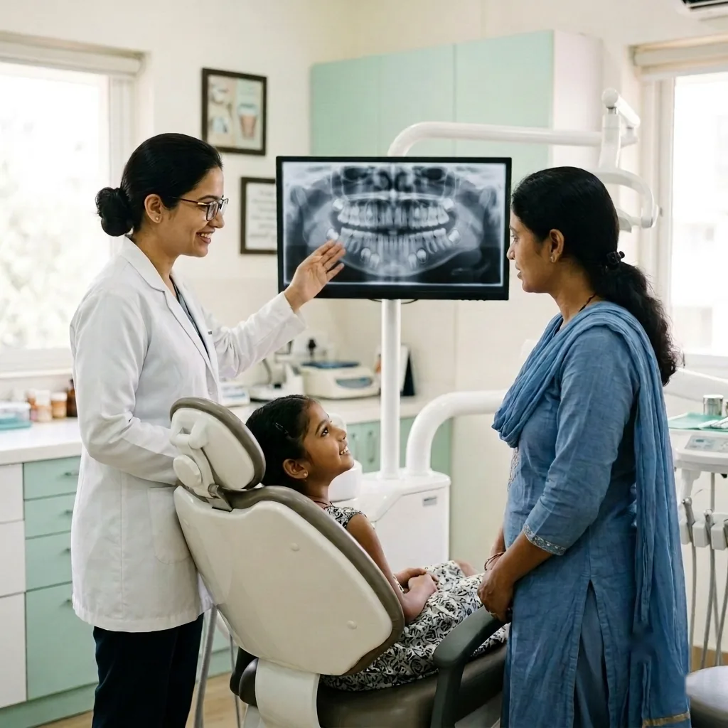 Dentist pointing to a panoramic X-ray on a screen while a young girl in the dental chair and her mother look on