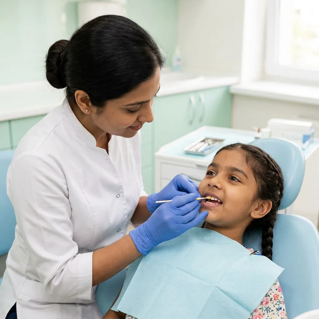 Dentist applying fluoride varnish with a small brush to the teeth of a smiling young girl