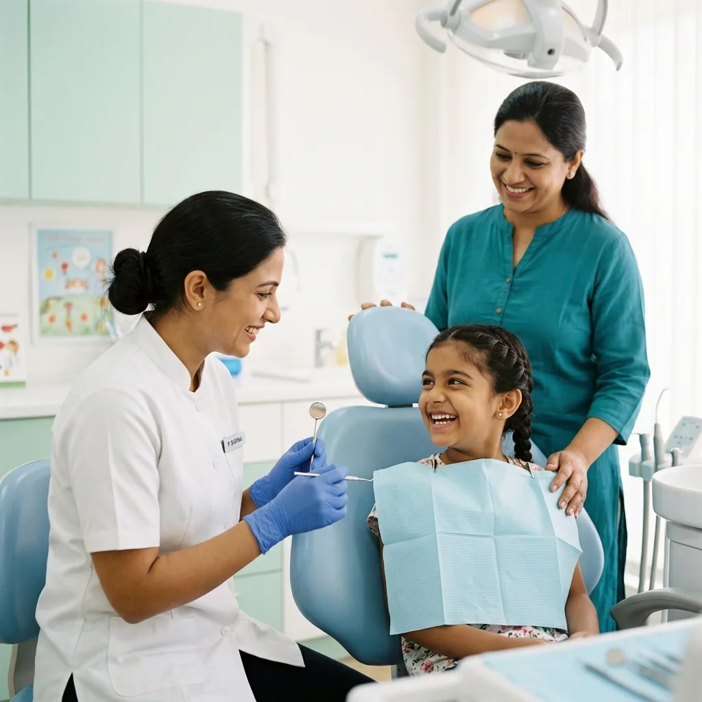 Dentist holding a mouth mirror beside a smiling girl in the dental chair with her mother standing by
