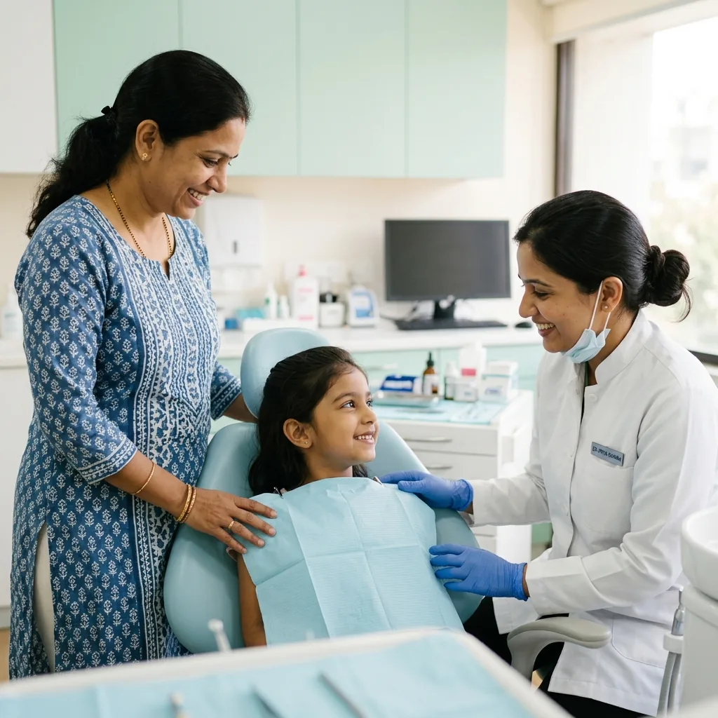 Dentist gently examining a young girl in the dental chair while her mother stands beside her
