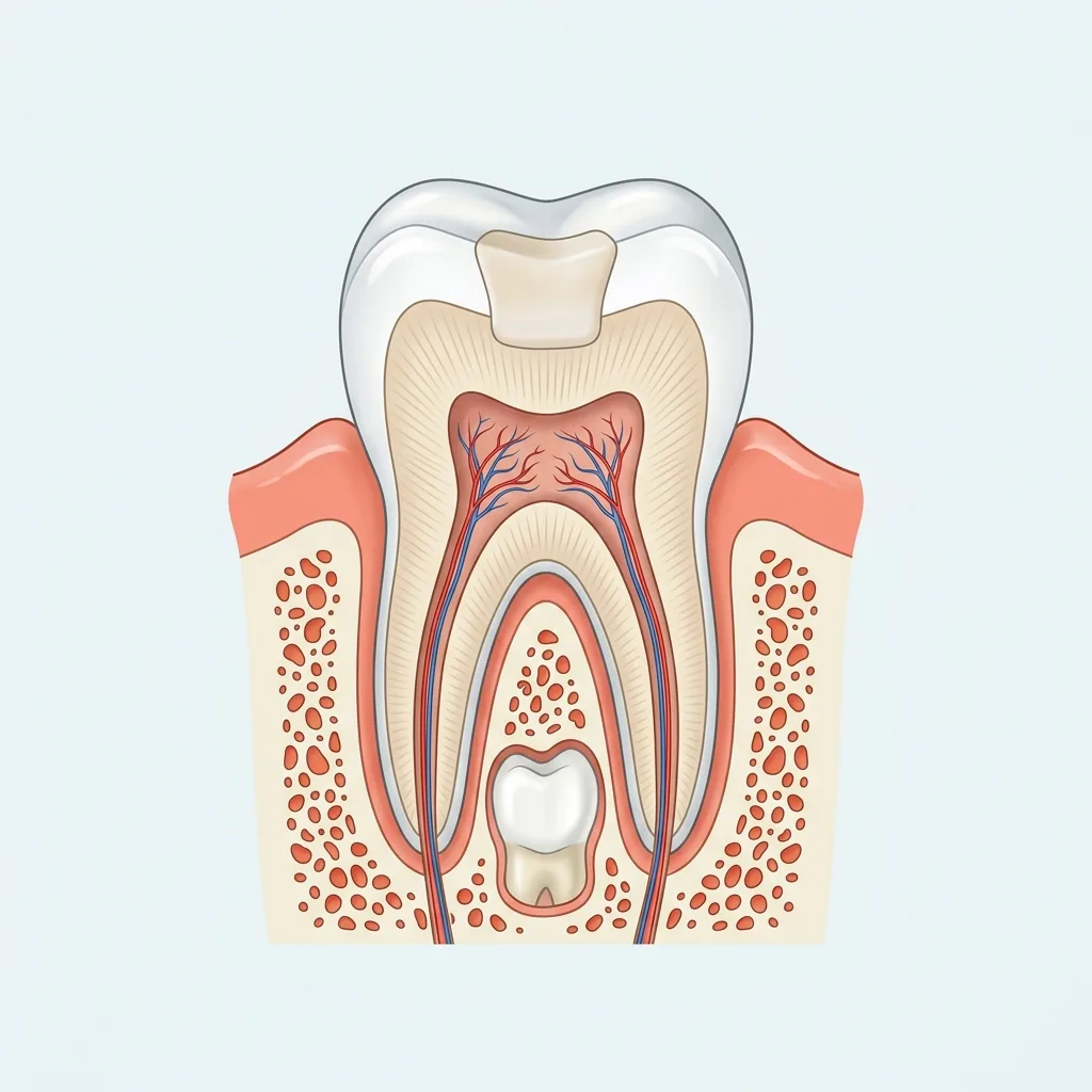 Cross-section illustration of a child molar with a tooth coloured filling and the permanent tooth forming underneath