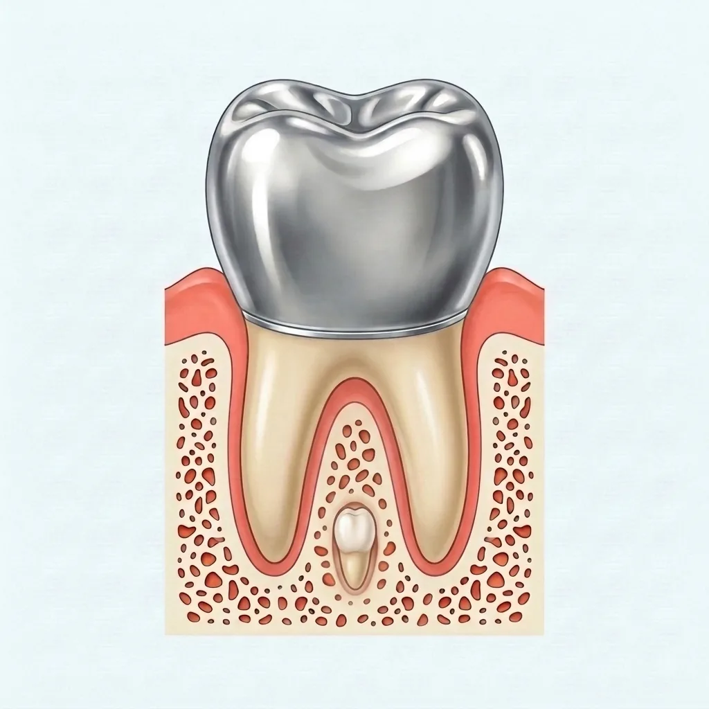 Illustration of a child molar fully capped with a shiny silver stainless steel crown, seated in gum and bone