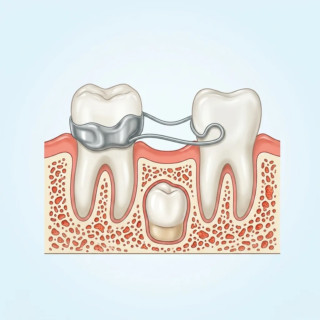 Illustration of a band and loop space maintainer holding a gap between two teeth while the permanent tooth develops below