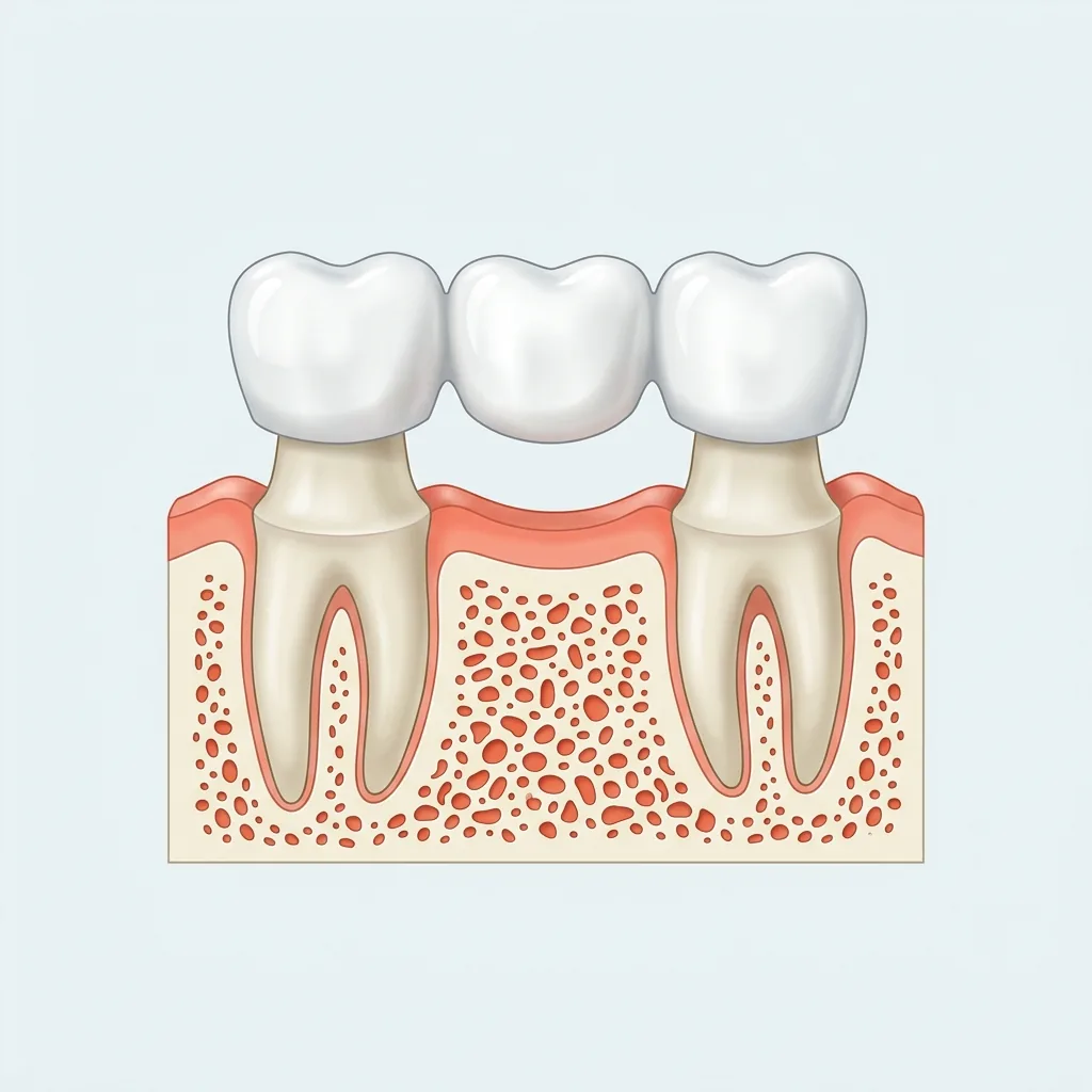 Cross-section illustration of a three unit dental bridge resting on the two natural teeth beside a gap