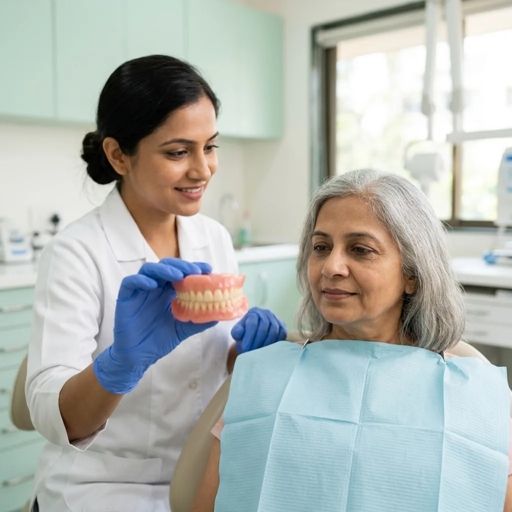 Dentist holding a complete denture while showing it to a mature woman seated in the dental chair