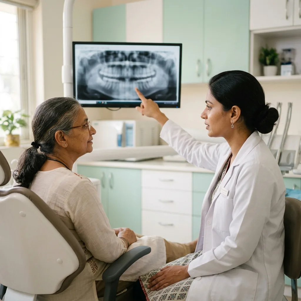 Dentist explaining a full mouth panoramic X-ray on a screen to a mature woman during a consultation