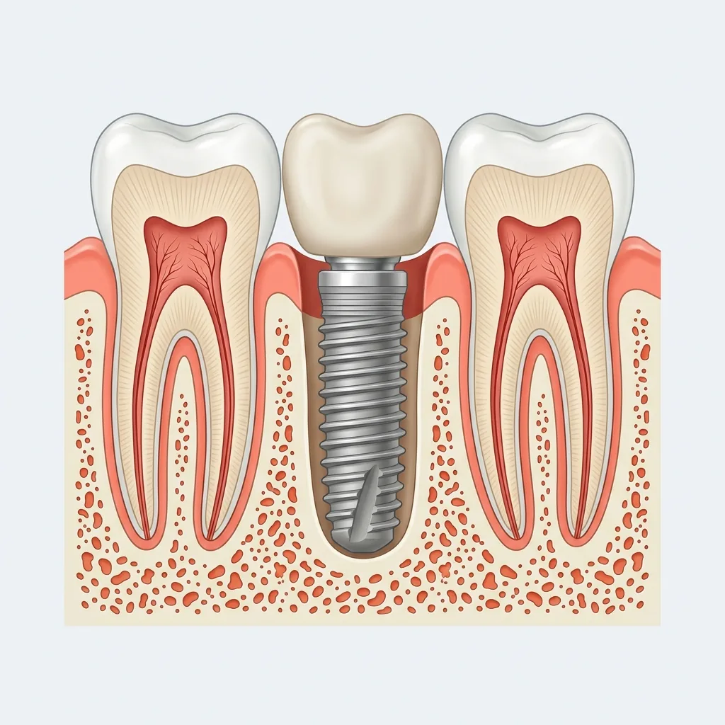 Cross-section illustration of an implant and crown placed in the socket of a just removed tooth between two natural teeth