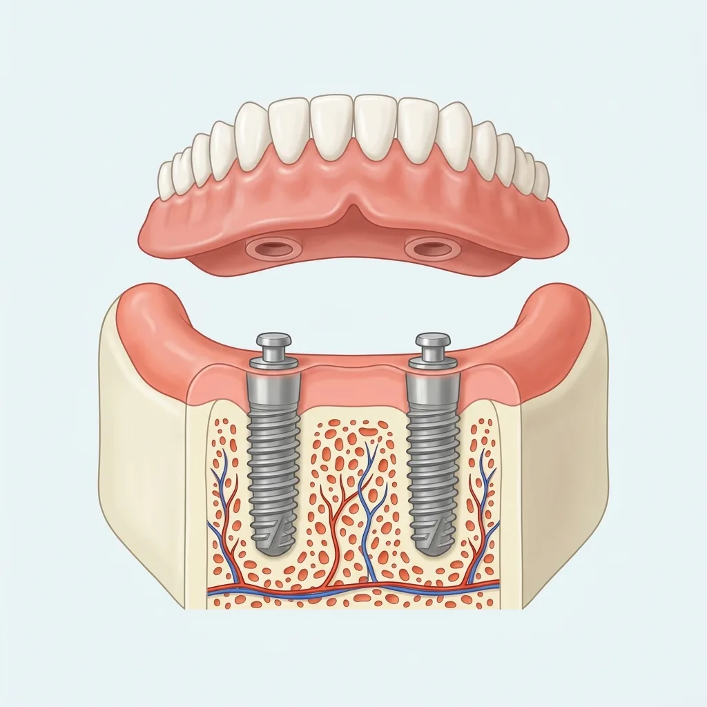 Illustration of a lower denture lifted above a jaw with two implants that hold it firmly in place