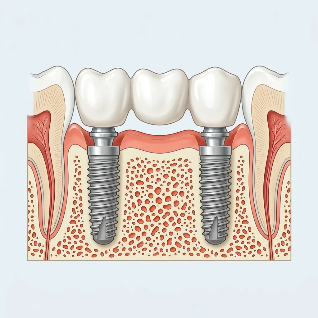 Cross-section illustration of two dental implants supporting a bridge of three crowns for several missing teeth