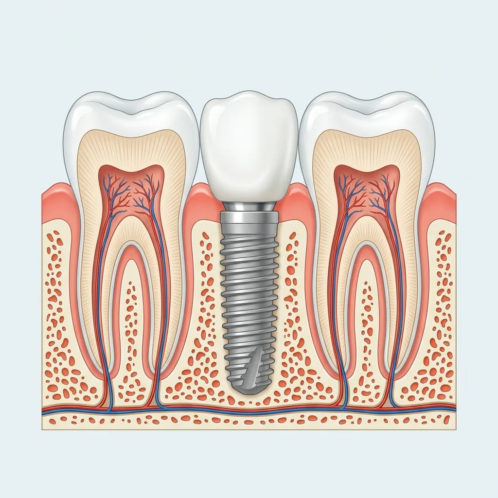 Cross-section illustration of a single dental implant with a crown fitted between two natural teeth