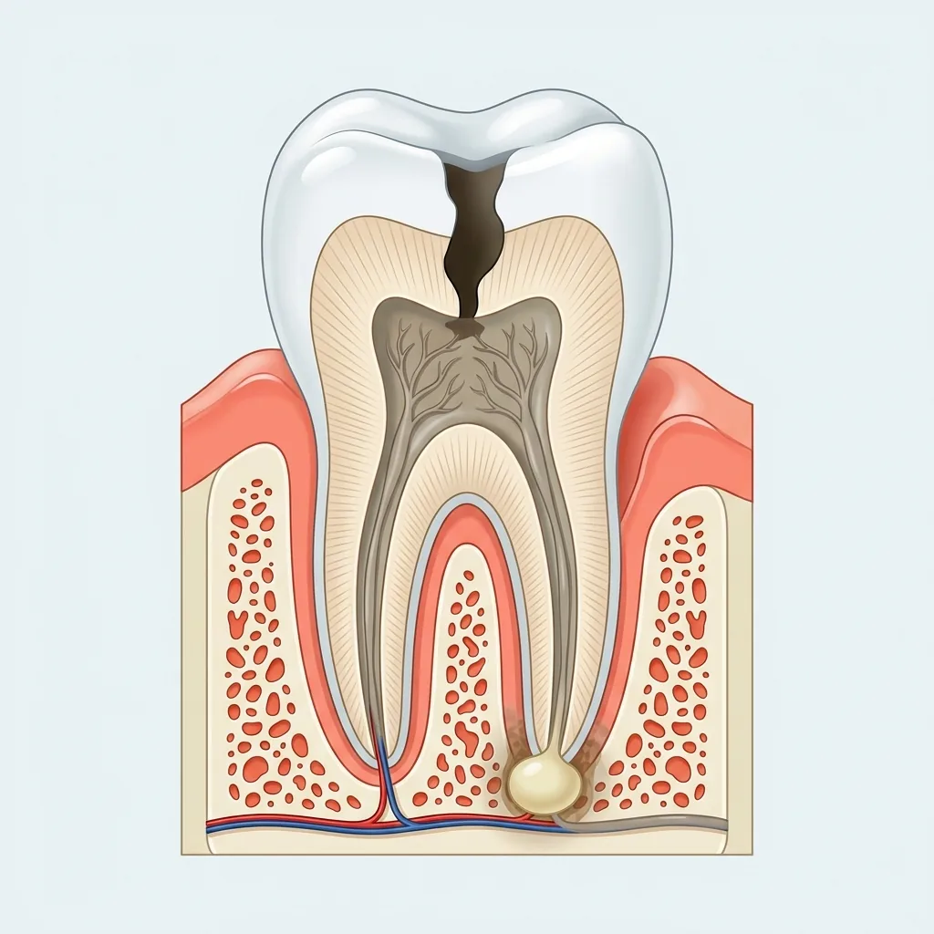 Cross-section illustration of a decayed tooth with infected pulp and a pus filled abscess at the root tip