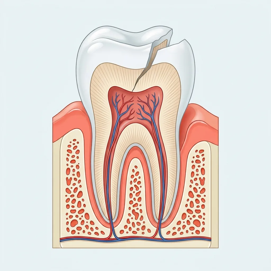 Cross-section illustration of a tooth with a fracture line running from the chipped edge toward the pulp