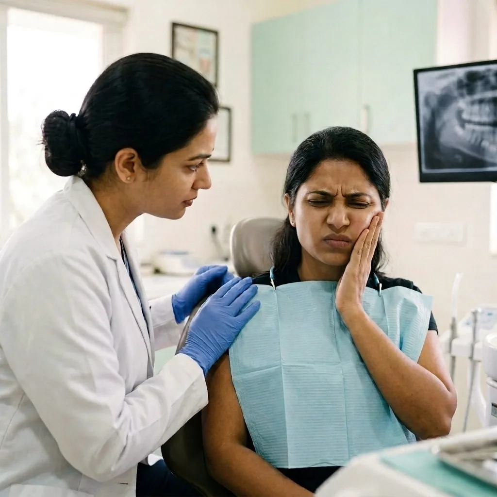 Woman holding her cheek in pain in the dental chair while the dentist leans in to help