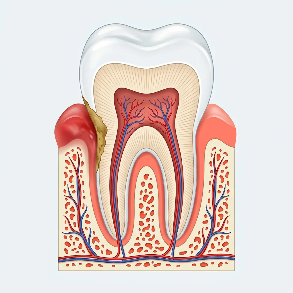 Cross-section illustration of red, swollen gum with tartar at the gum line beside a tooth