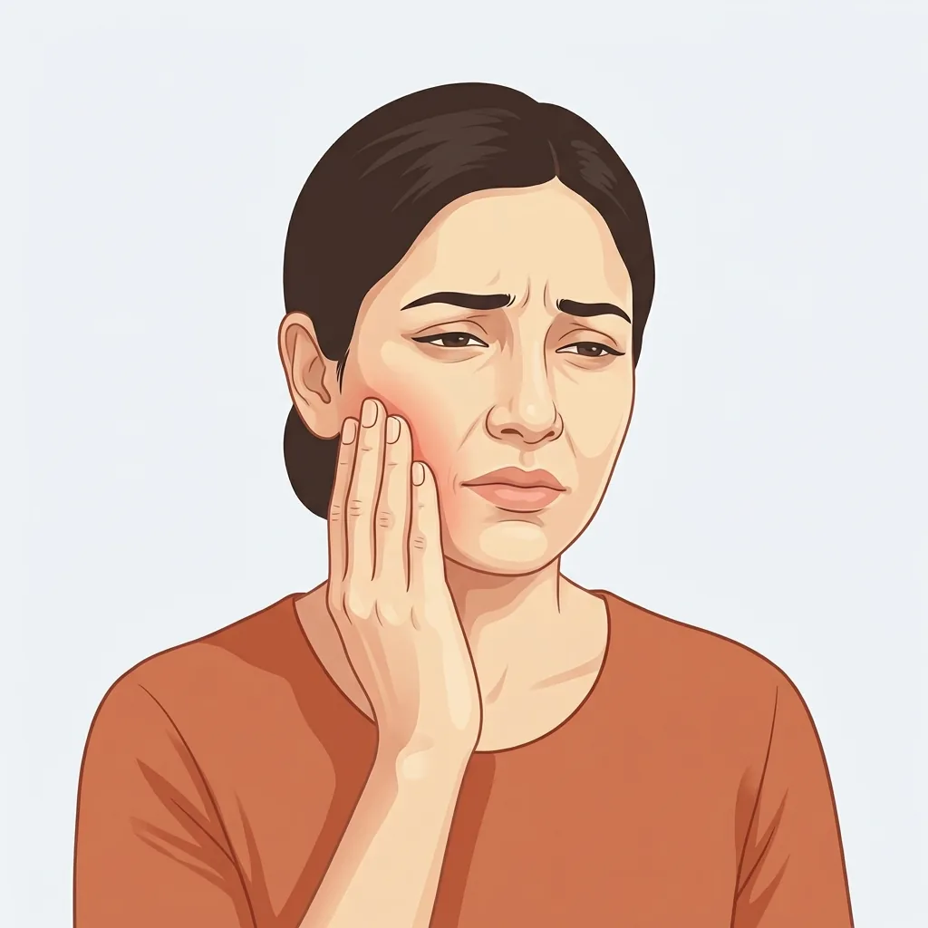 Illustration of a woman pressing her hand to her cheek with a pained expression from a toothache