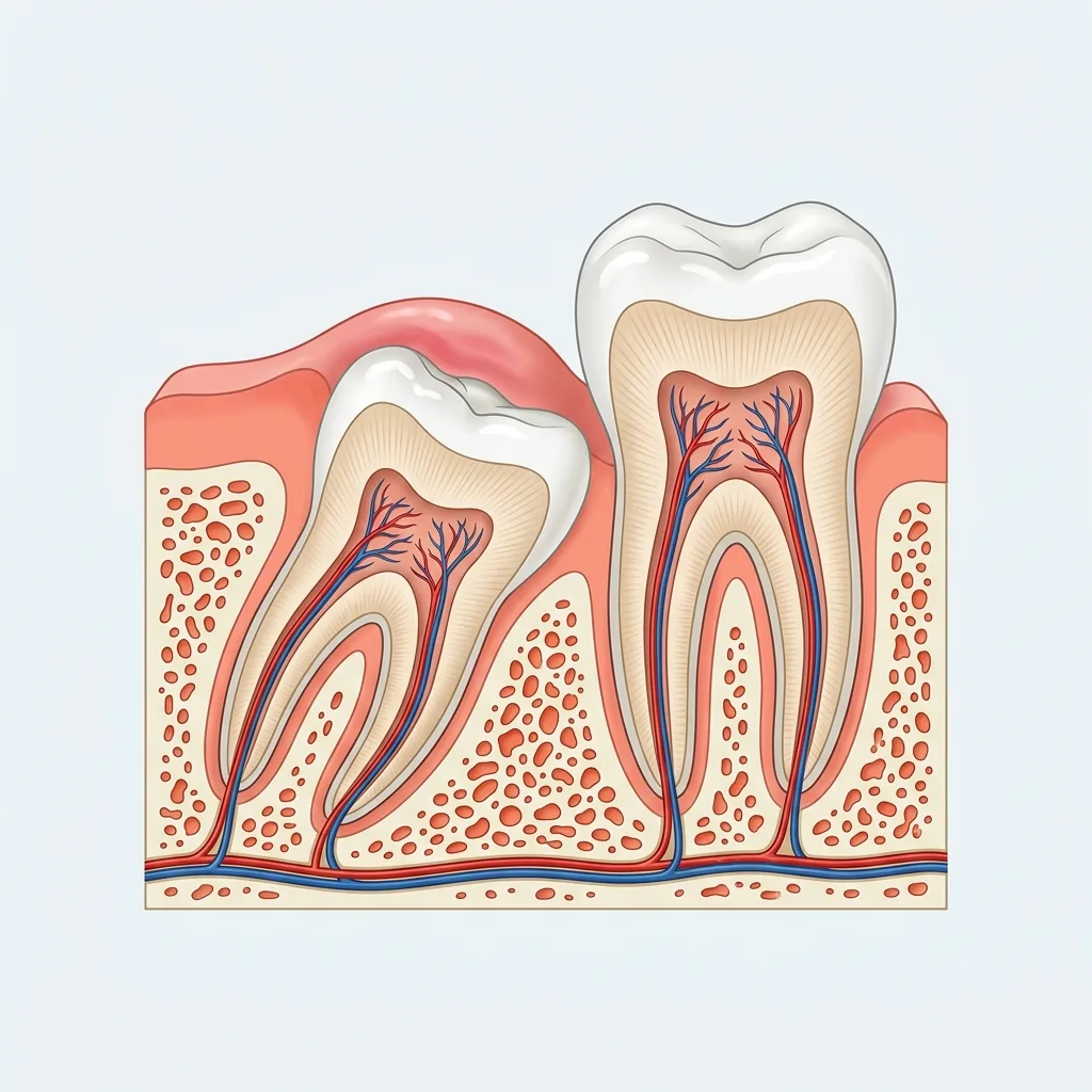 Cross-section illustration of a tilted wisdom tooth pushing against the molar in front of it under swollen gum