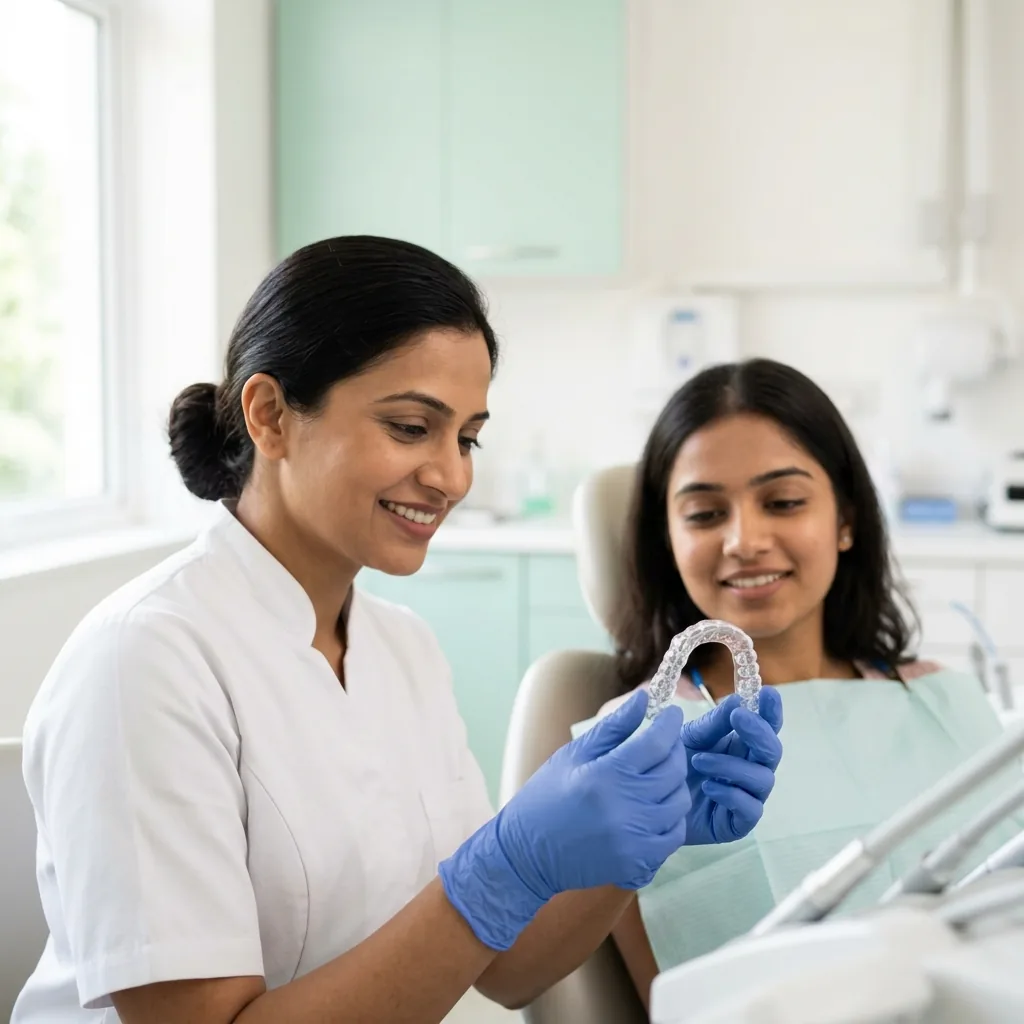 Dentist holding a clear aligner tray while explaining invisible braces to a smiling woman in the dental chair