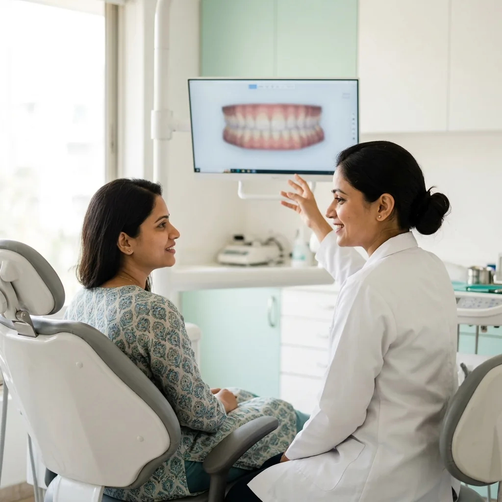 Dentist showing a smile design preview on a screen to a woman during a smile makeover consultation