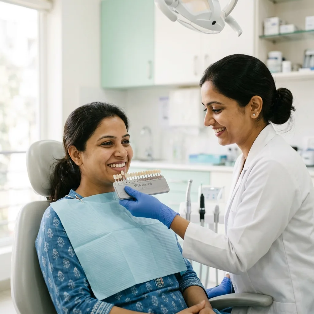 Dentist matching a tooth shade guide against the smile of a woman in the dental chair before whitening