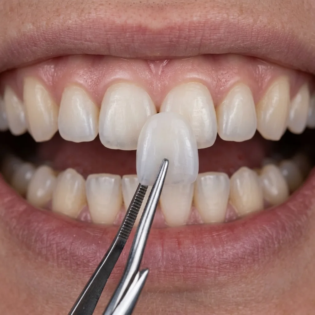 Close up of a thin porcelain veneer held in tweezers against an upper front tooth
